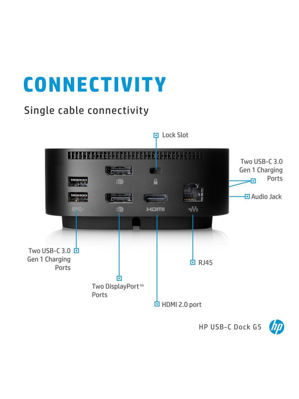 HP USB-C Dock G5, 4xUSB 3.0, 1xUSB-C (data and 15W Power out)  2xDP, 1xHDMI, 1xRJ45, 1x Combo Audio Jack Supported resolution (with G7 or older 2xFHD or 1xQHD / with G8 or newer 3xFHD or 2xQHD), 100W Power Delivery, PXE Boot, WoL S3/S4/S5, HBMA, MAC Addre