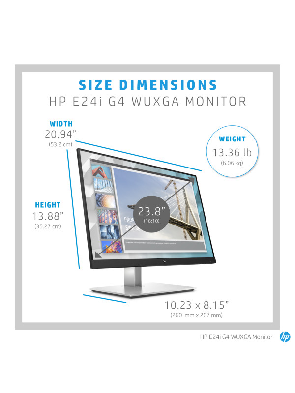 HP E-Series E24i G4. 61 cm (24 Zoll), 1920 x 1200 Pixel,  WUXGA, Reaktionszeit: 5 ms, Natives Seitenverhältnis: 16:10, Blickwinkel, horizontal: 178°, Blickwinkel, vertikal: 178°. Integrierter USB-Hub, USB-Hub-Version: 3.2 Gen 1 (3.1 Gen 1). VESA-Halterung